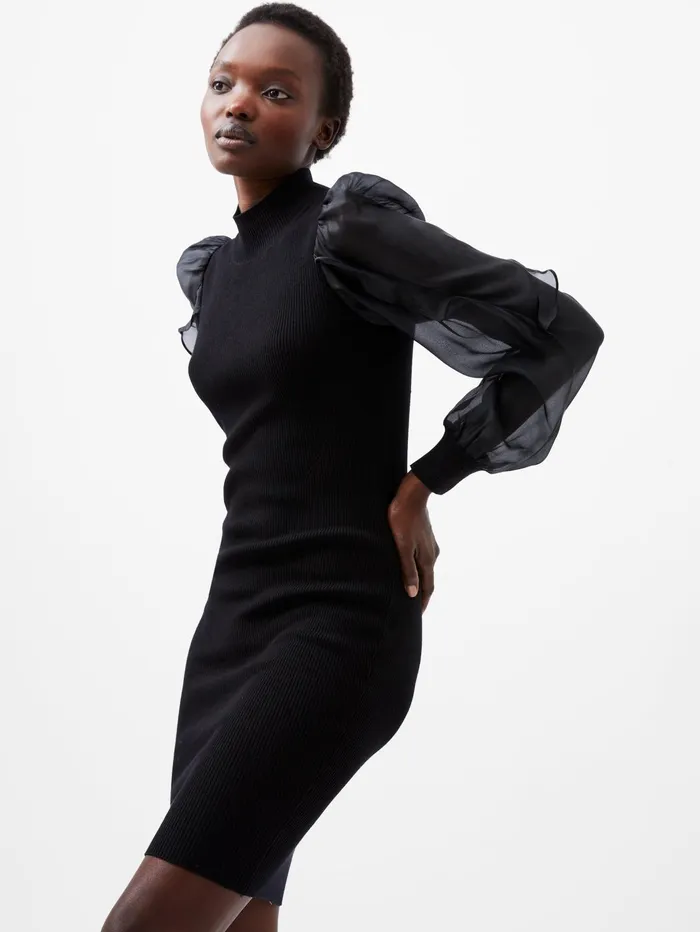 French Connection Krista Organza Puff Sleeve Dress Blackout Woman Jumpers and Cardigans