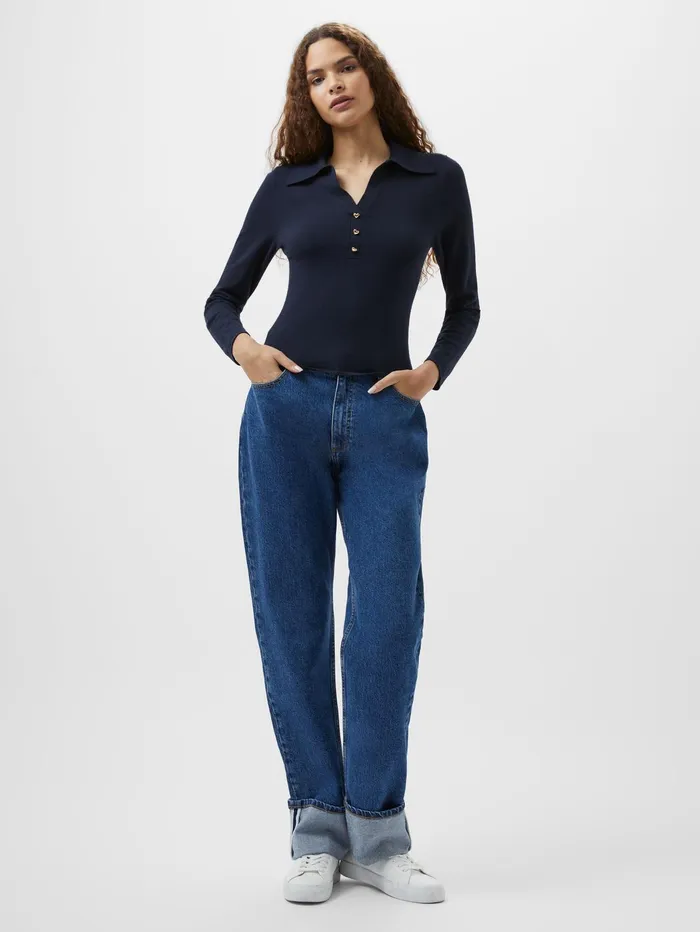 French Connection Larry Hearts V Neck Polo Top Navy Woman Jumpers and Cardigans
