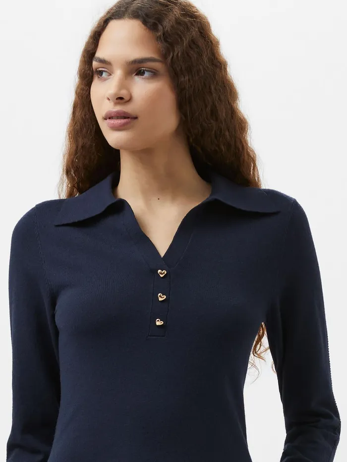 French Connection Larry Hearts V Neck Polo Top Navy Woman Jumpers and Cardigans