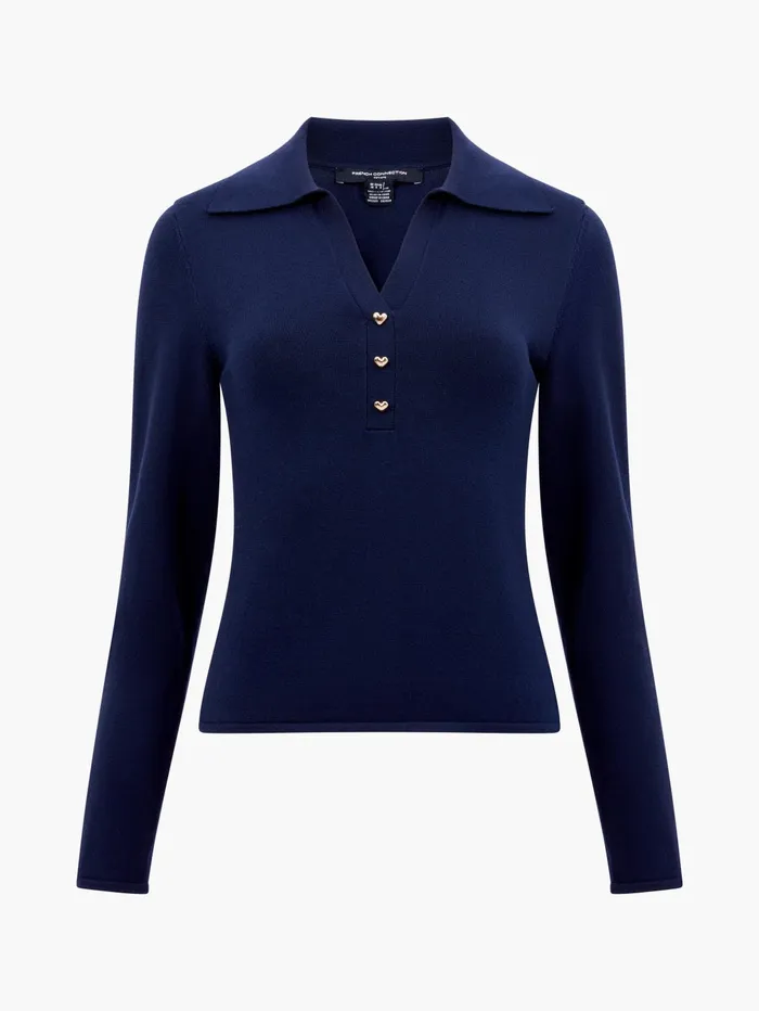 French Connection Larry Hearts V Neck Polo Top Navy Woman Jumpers and Cardigans