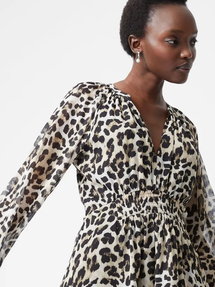 French Connection Leopard Print Georgette Long Sleeve Dress Leopard Woman Dresses