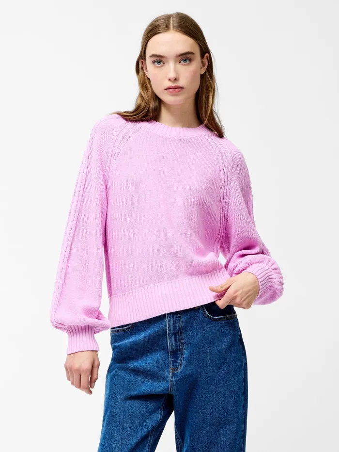 French Connection Lily Cable Knit Balloon Sleeve Jumper Bubblegum Pink Woman Jumpers and Cardigans