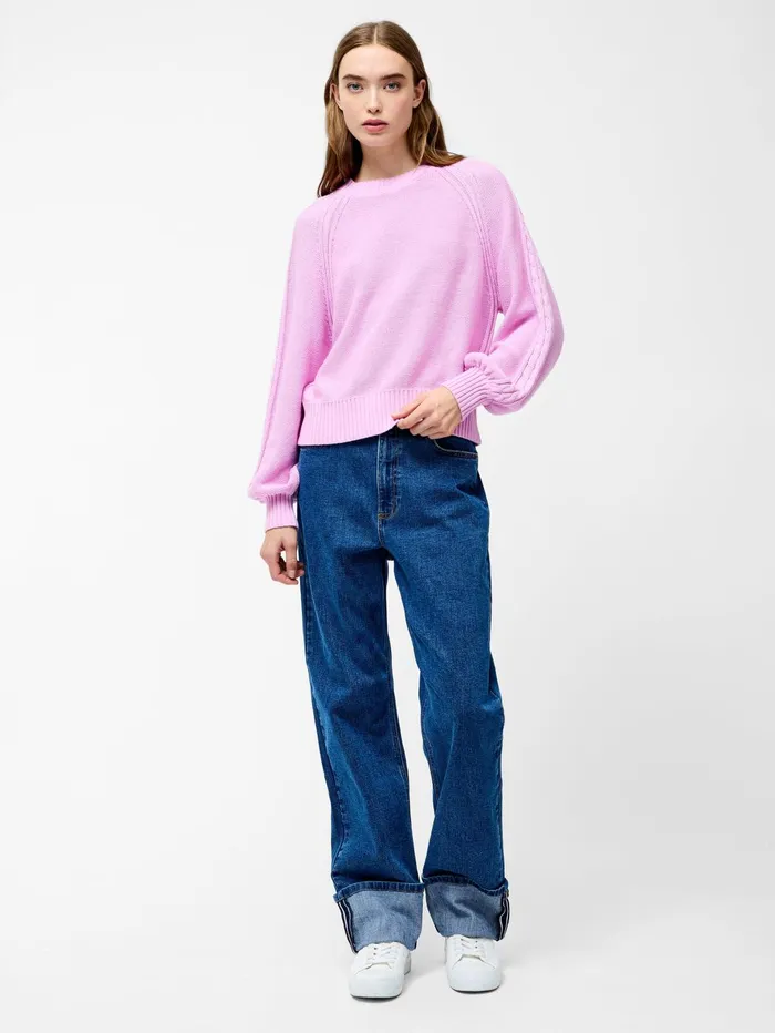 French Connection Lily Cable Knit Balloon Sleeve Jumper Bubblegum Pink Woman Jumpers and Cardigans