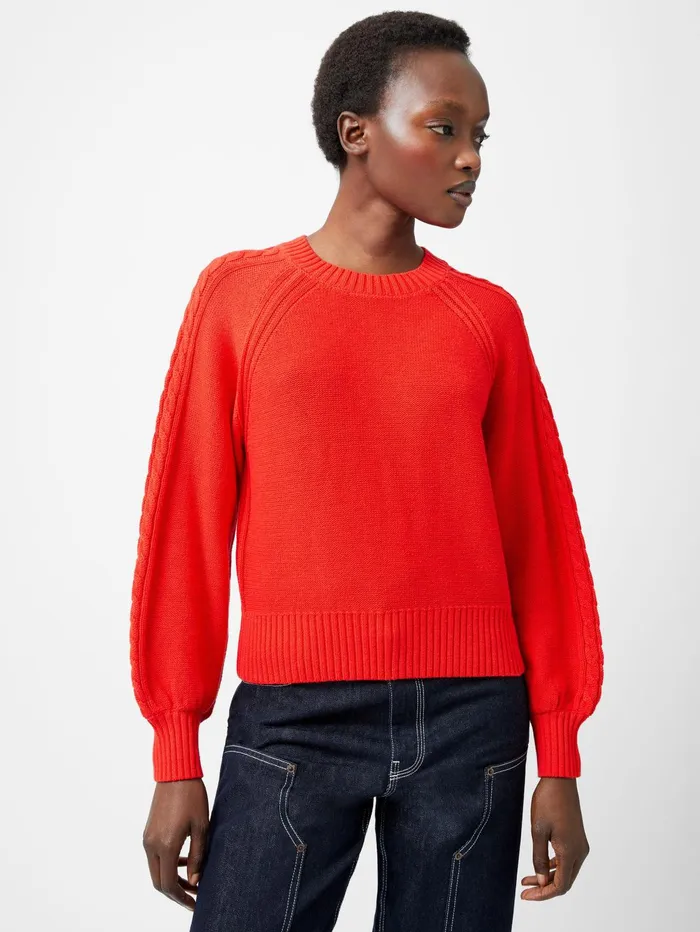 French Connection Lily Cable Knit Balloon Sleeve Jumper Scarlet Red Woman Jumpers and Cardigans