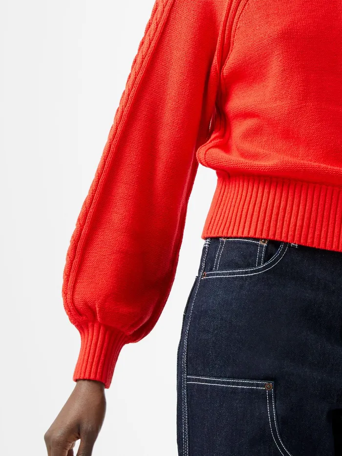 French Connection Lily Cable Knit Balloon Sleeve Jumper Scarlet Red Woman Jumpers and Cardigans