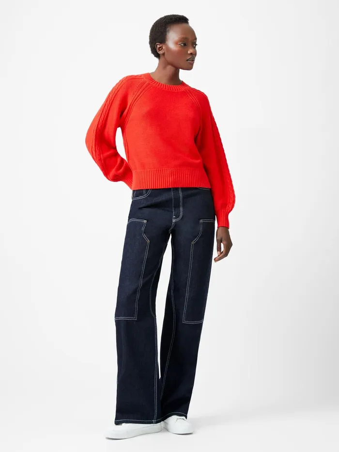 French Connection Lily Cable Knit Balloon Sleeve Jumper Scarlet Red Woman Jumpers and Cardigans