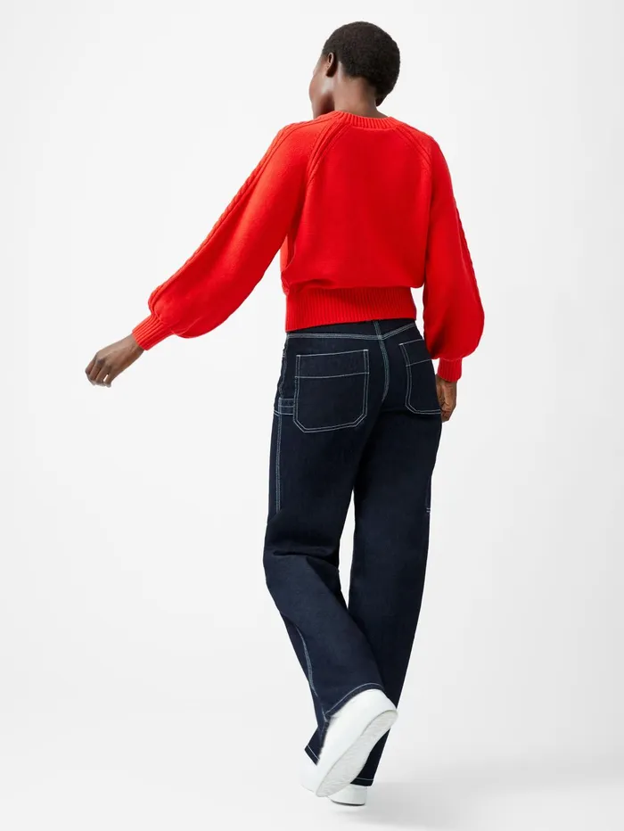 French Connection Lily Cable Knit Balloon Sleeve Jumper Scarlet Red Woman Jumpers and Cardigans