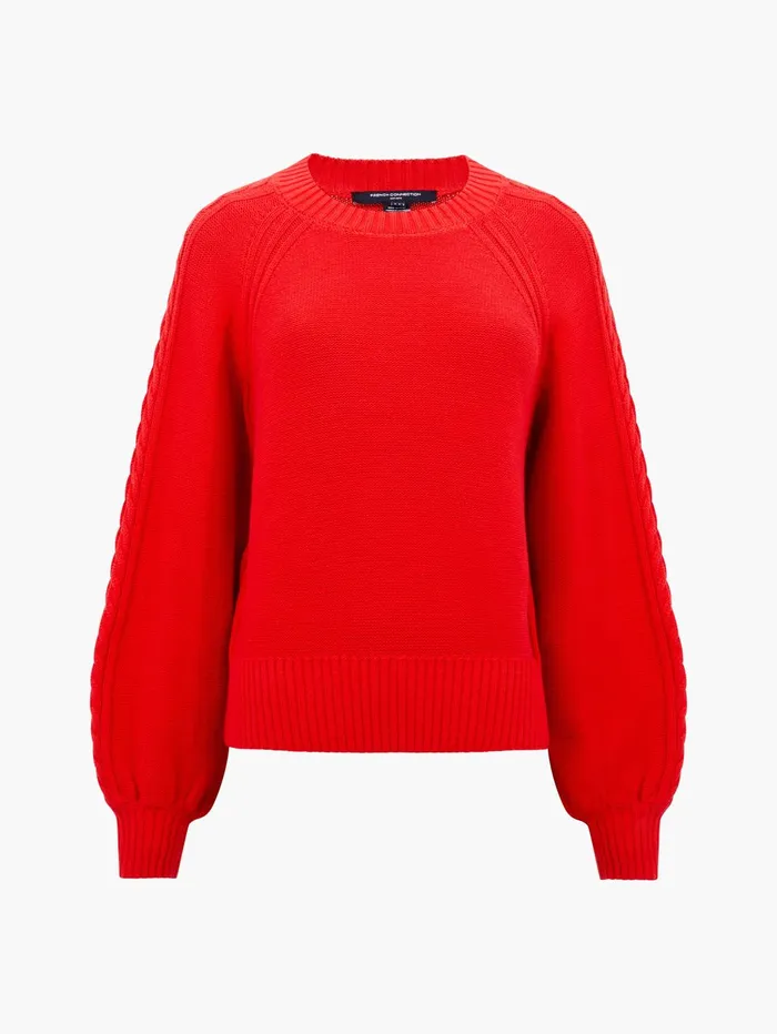 French Connection Lily Cable Knit Balloon Sleeve Jumper Scarlet Red Woman Jumpers and Cardigans