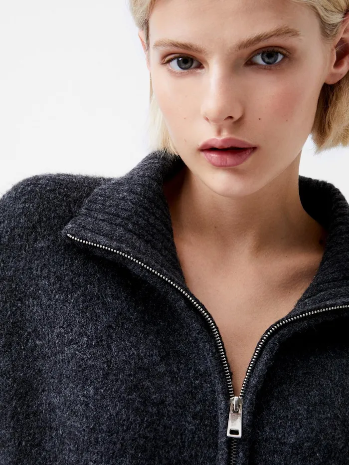 French Connection Maddox Half Zip Long Sleeve Knit Dress Charcoal Mel Woman Jumpers and Cardigans