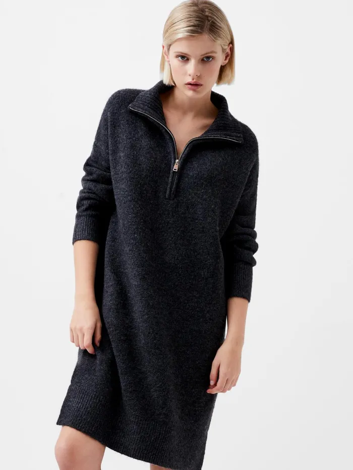 French Connection Maddox Half Zip Long Sleeve Knit Dress Charcoal Mel Woman Jumpers and Cardigans