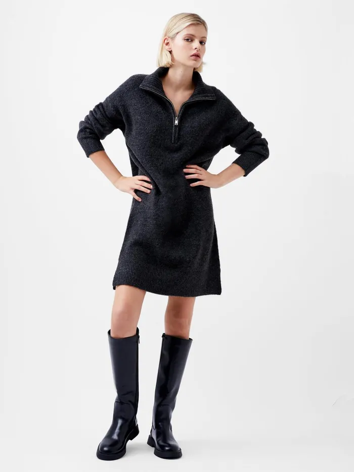 French Connection Maddox Half Zip Long Sleeve Knit Dress Charcoal Mel Woman Jumpers and Cardigans