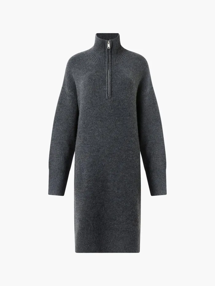 French Connection Maddox Half Zip Long Sleeve Knit Dress Charcoal Mel Woman Jumpers and Cardigans