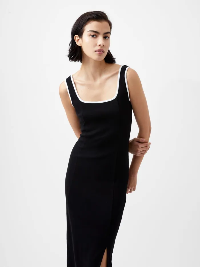 French Connection Rassia Rib Contrast Square Neck Midi Dress BlackPorcelain Cream Woman Dresses