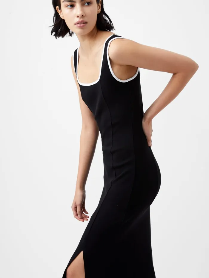 French Connection Rassia Rib Contrast Square Neck Midi Dress BlackPorcelain Cream Woman Dresses