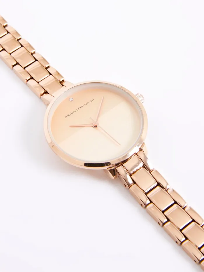 French Connection Rose Gold Tone Bracelet Watch With Rose Gold Dial Woman Jewellery