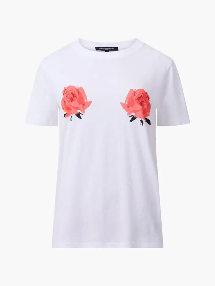French Connection Roses Graphic TShirt White Woman Tops