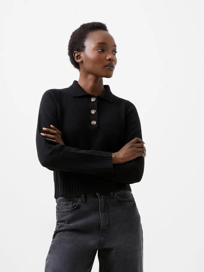 French Connection Vhari Recycled Long Sleeve Button Up Jumper Black Woman Jumpers and Cardigans