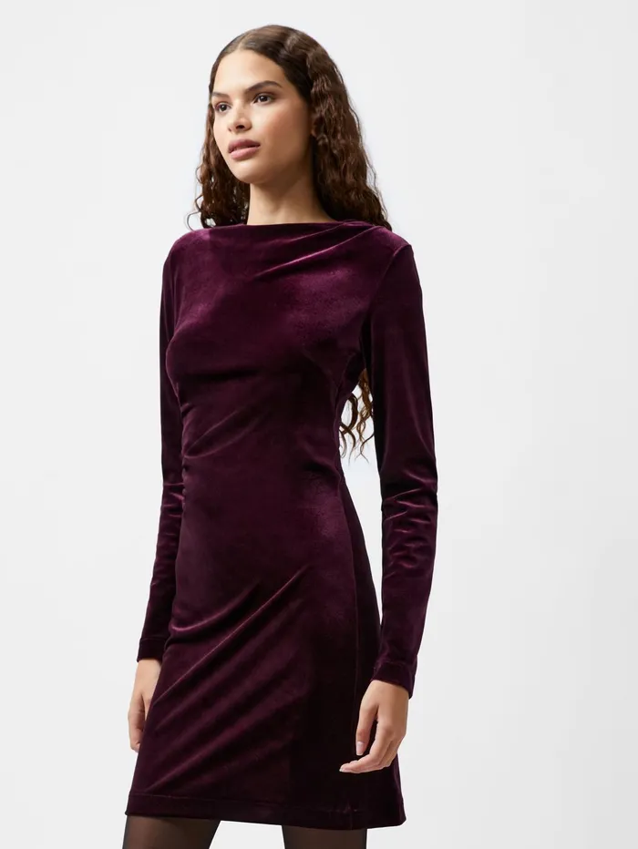 French Connection Viola Velvet Long Sleeve Bodycon Mini Dress Burgundy Red Woman Dresses