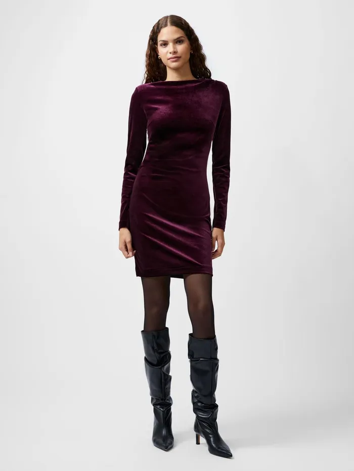 French Connection Viola Velvet Long Sleeve Bodycon Mini Dress Burgundy Red Woman Dresses