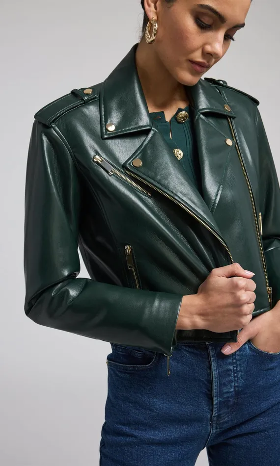 Generation Love Clothing Cosita Vegan Leather Moto Jacket Forest Women Outerwear