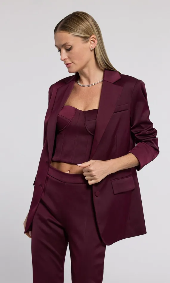 Generation Love Clothing Drea Satin Blazer Black Cherry Women Blazers and Jackets