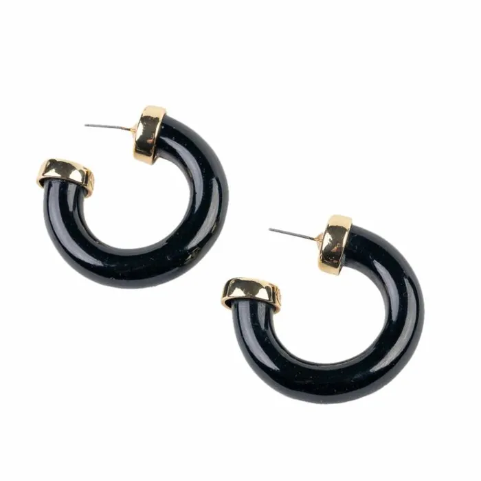 Kenneth Jay Lane Dark Color Earrings Women Black Polished Hoop Earring With Gold