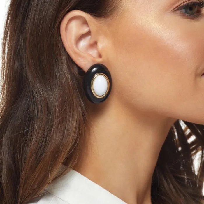 Kenneth Jay Lane Dark Color Earrings Women Black With White Center Oval Clip Earring Kenneth Jay Lane Dark Color Earrings Women Black With White Center Oval Clip Earring
