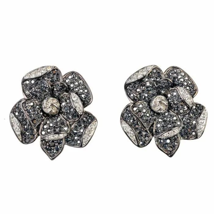 Kenneth Jay Lane Dark Color Earrings Women Rhinestone And Hematite Flower Clip Earring