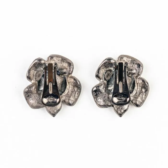 Kenneth Jay Lane Dark Color Earrings Women Rhinestone And Hematite Flower Clip Earring