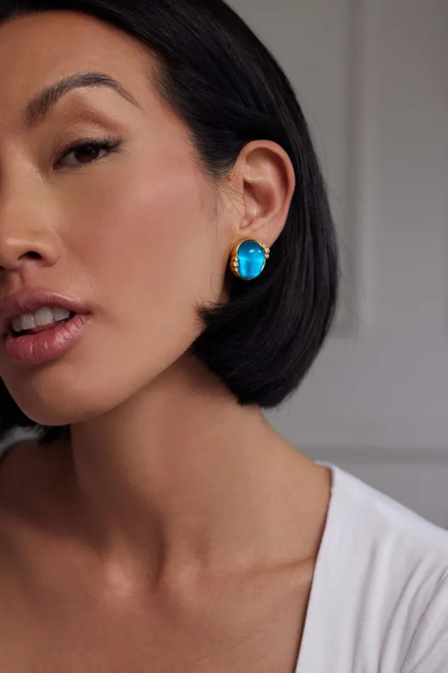 Kenneth Jay Lane Dark Color Gem Earrings Women Aqua Nugget Clip Earrings