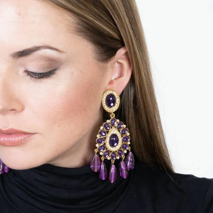 Kenneth Jay Lane Dark Color Gem Earrings Women Gold and Amethyst Cabochon Drop Clip Earrings Kenneth Jay Lane Dark Color Gem Earrings Women Gold and Amethyst Cabochon Drop Clip Earrings