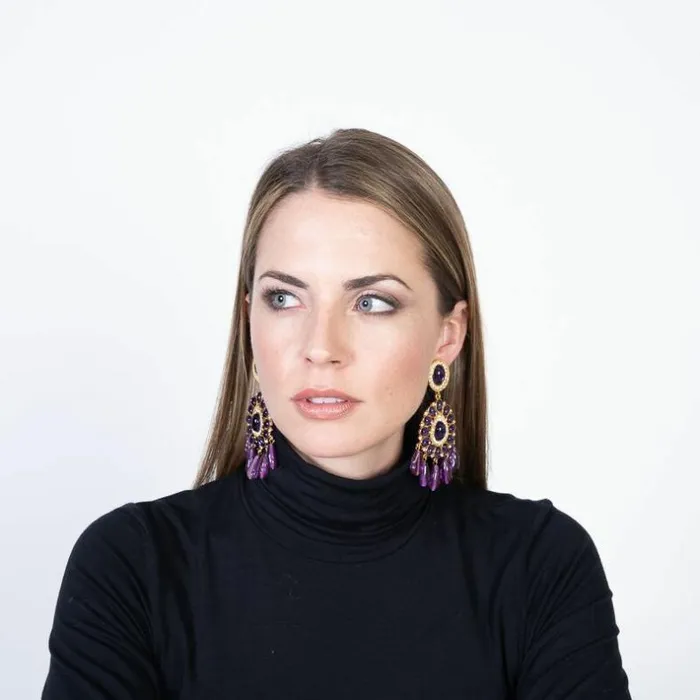 Kenneth Jay Lane Dark Color Gem Earrings Women Gold and Amethyst Cabochon Drop Clip Earrings