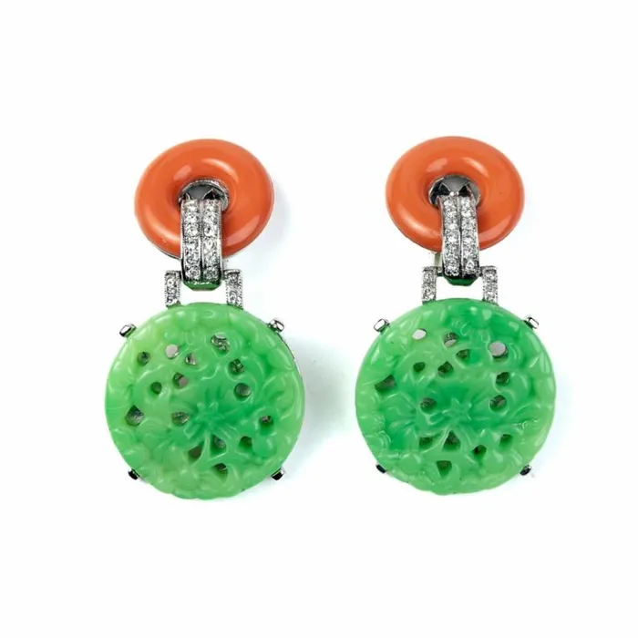 Kenneth Jay Lane Light Color Earrings Women Coral And Carved Jade Circle Clip Earrings Kenneth Jay Lane Light Color Earrings Women Coral And Carved Jade Circle Clip Earrings