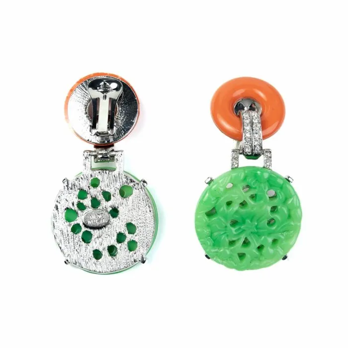 Kenneth Jay Lane Light Color Earrings Women Coral And Carved Jade Circle Clip Earrings Kenneth Jay Lane Light Color Earrings Women Coral And Carved Jade Circle Clip Earrings