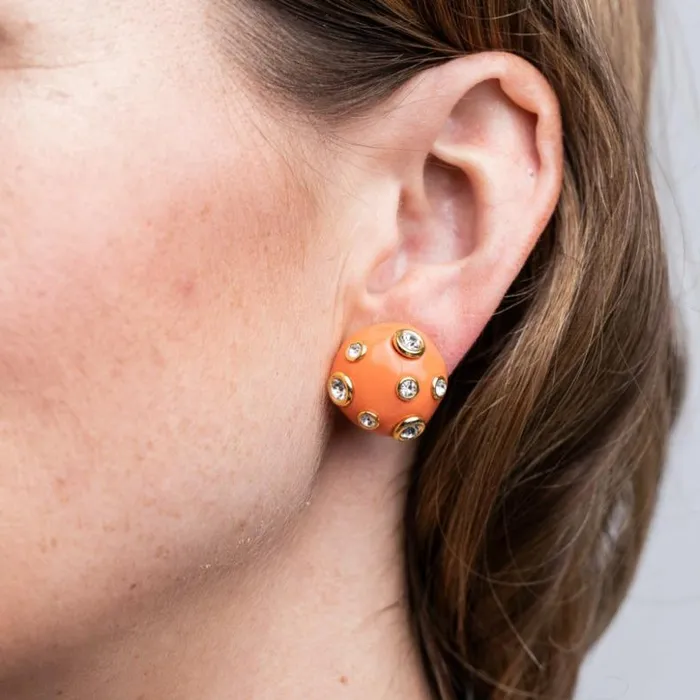 Kenneth Jay Lane Light Color Earrings Women Coral Domed Gold Clip Earrings With Crystals Kenneth Jay Lane Light Color Earrings Women Coral Domed Gold Clip Earrings With Crystals