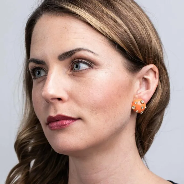 Kenneth Jay Lane Light Color Earrings Women Coral Domed Gold Clip Earrings With Crystals