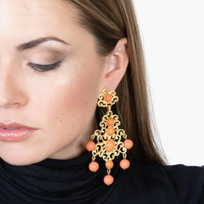 Kenneth Jay Lane Light Color Earrings Women Filagree and Coral Drop Clip Earring Kenneth Jay Lane Light Color Earrings Women Filagree and Coral Drop Clip Earring