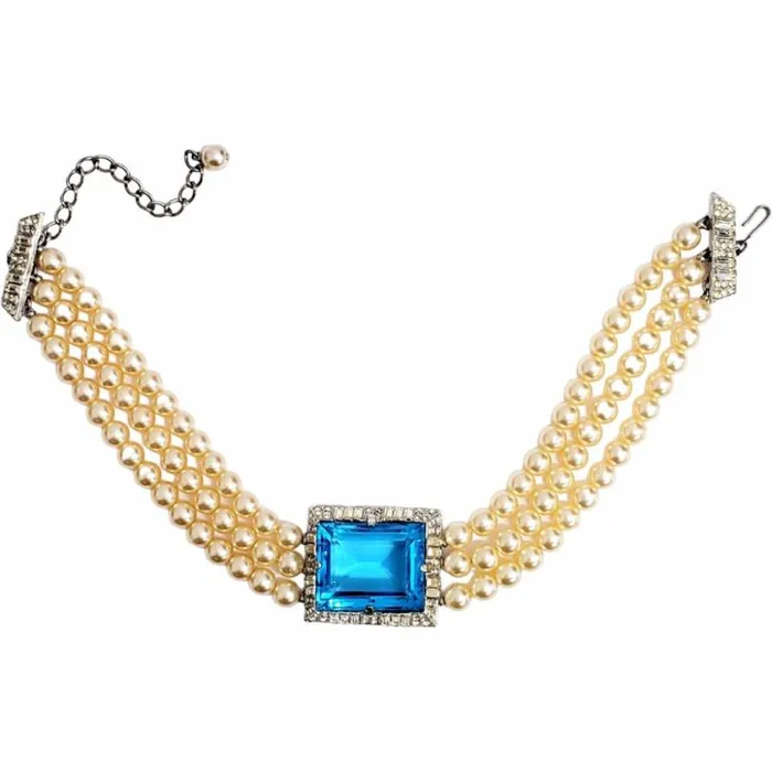 Kenneth Jay Lane Light Color Gem Necklaces Women Vintage Cultura Pearl Necklace With Aqua Stone Center Kenneth Jay Lane Light Color Gem Necklaces Women Vintage Cultura Pearl Necklace With Aqua Stone Center