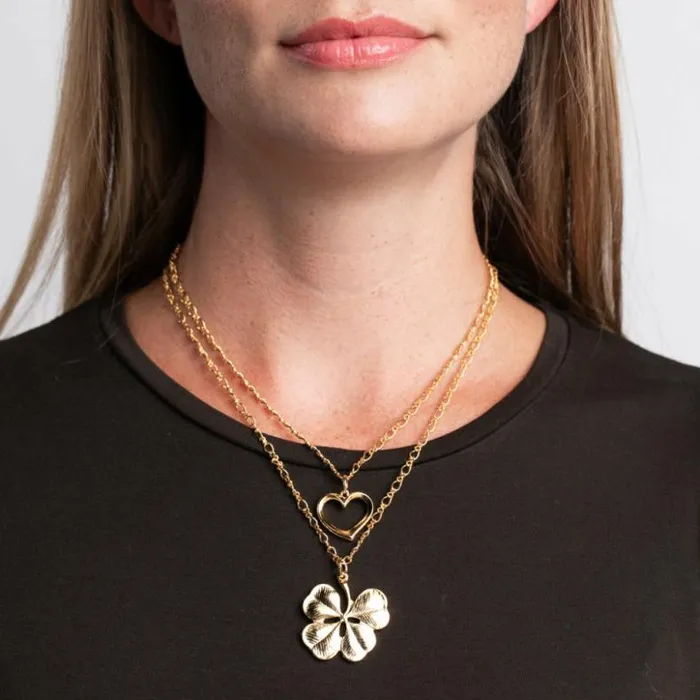 Kenneth Jay Lane Metallic Finish Necklaces Women Heart And Clover Double Chain Pendant Necklace Kenneth Jay Lane Metallic Finish Necklaces Women Heart And Clover Double Chain Pendant Necklace