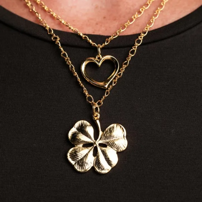Kenneth Jay Lane Metallic Finish Necklaces Women Heart And Clover Double Chain Pendant Necklace