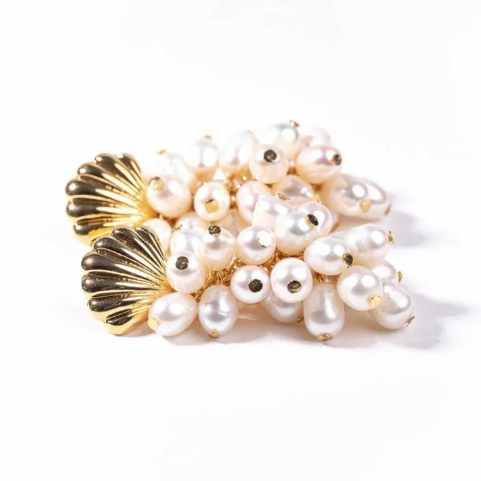 Kenneth Jay Lane Pearl Earrings Women Gold Shell And White Pearl Clusters Drop Earring