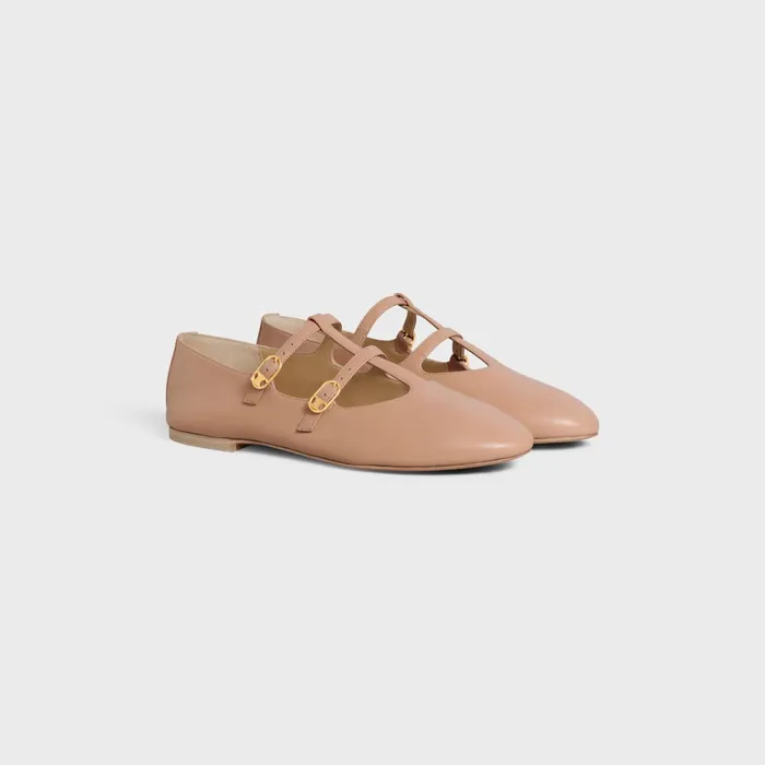 Les Ballerines Celine Double Strap Mary Jane In Lambskin Beige Rose Women CELINE LOAFERS AND FLATS
