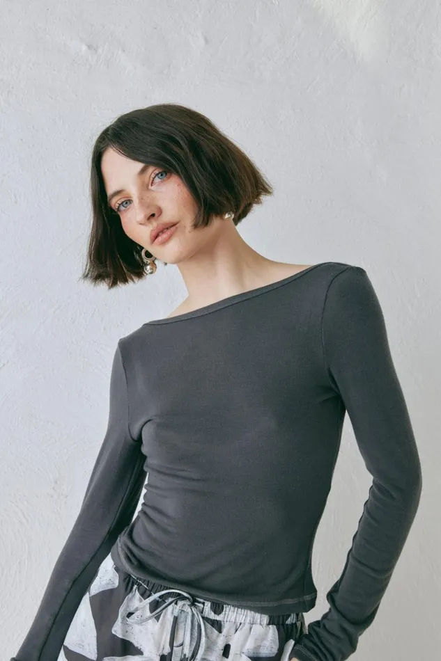 Long Sleeve Women VRG GRL Lori Top Charcoal Long Sleeve Women VRG GRL Lori Top Charcoal