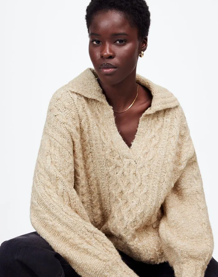 Madewell CottonMerino Wool Blend CableKnit Sweater Sand Women Sweaters
