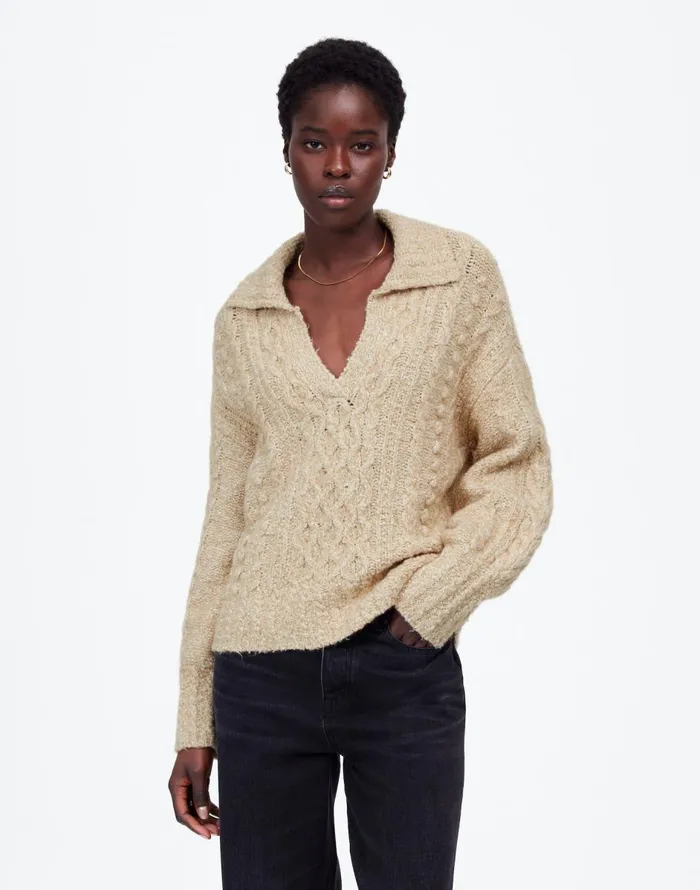 Madewell CottonMerino Wool Blend CableKnit Sweater Sand Women Sweaters