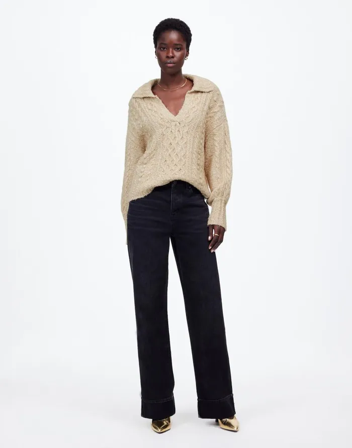 Madewell CottonMerino Wool Blend CableKnit Sweater Sand Women Sweaters