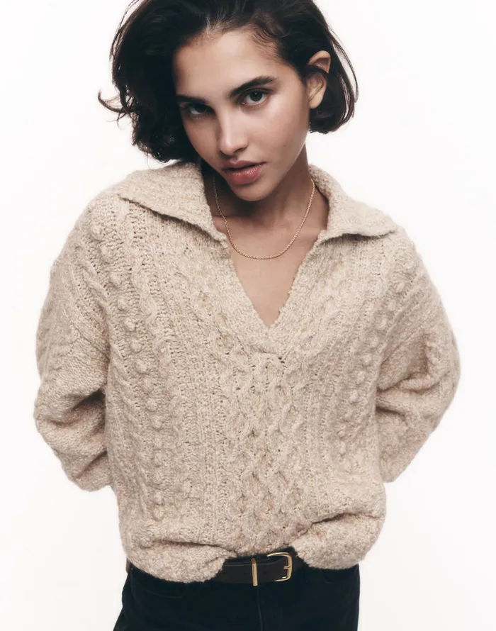 Madewell CottonMerino Wool Blend CableKnit Sweater Sand Women Sweaters