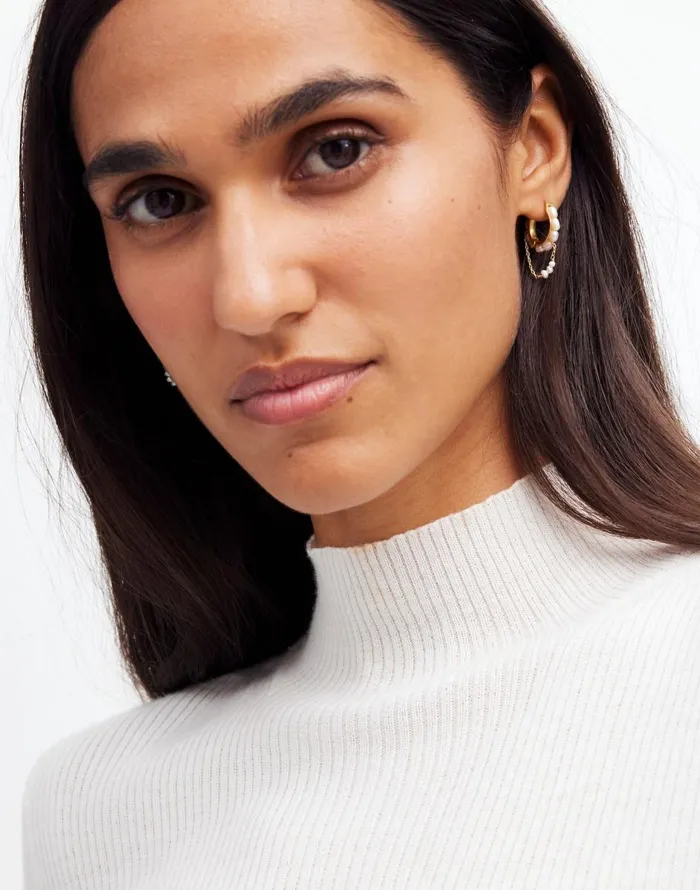Madewell Freshwater Pearl Dangle Chain Huggie Hoop Earrings Vintage Gold Women Jewelry