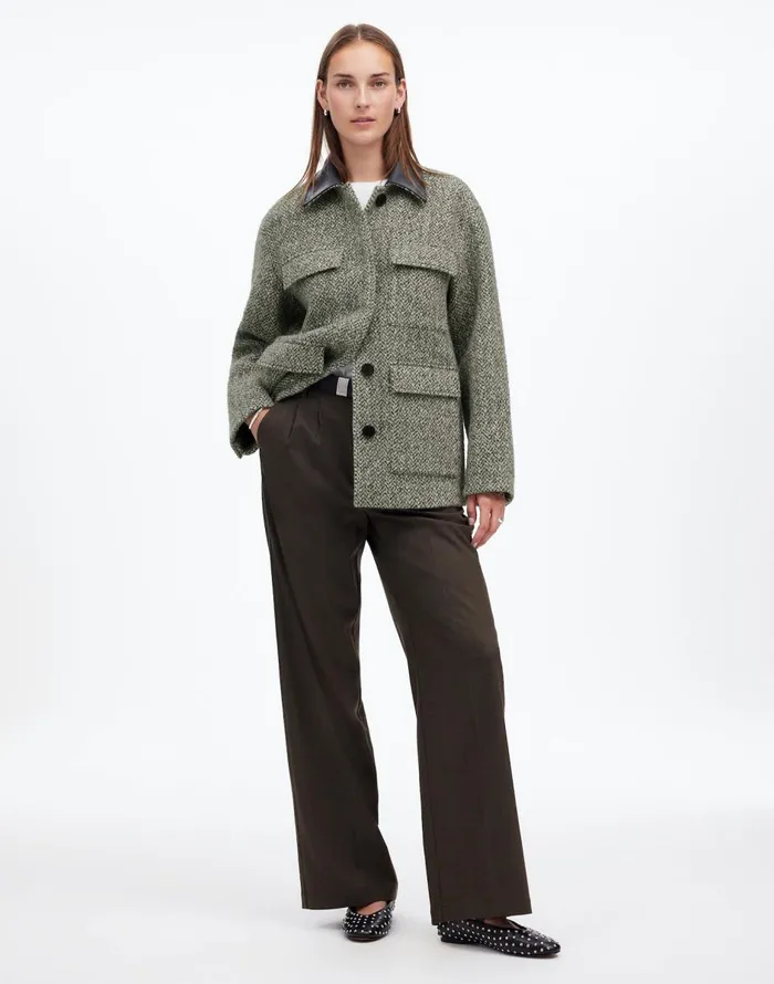 Madewell Leather Collar FlapPocket Field Jacket Grey Textured Tweed Women Coats Jackets