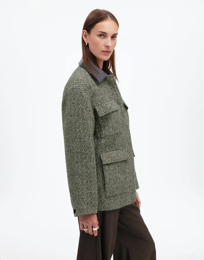 Madewell Leather Collar FlapPocket Field Jacket Grey Textured Tweed Women Coats Jackets